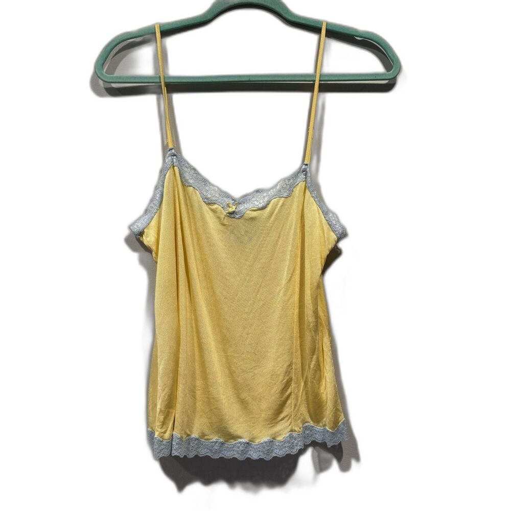 Mary Green Silk Cami Tank Top Yellow Lace 90s Y2K Romantic Coquette Women Large